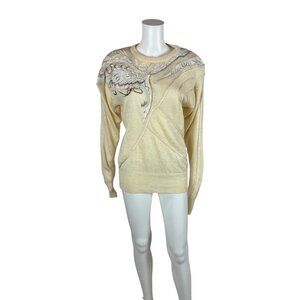 Vintage 80s Bird Sweater Women's Large White Cream Swan Embroidered Pullover